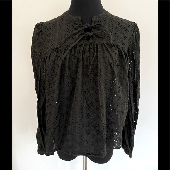 Madewell Small Eyelet Double-Tie Peasant Top Black Long Sleeve Style #K3808 - Picture 1 of 10